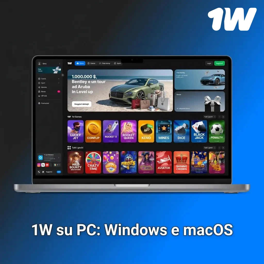 Accesso a 1w su PC tramite browser su Windows e macOS con grafica ottimizzata e tutti i giochi disponibili.
