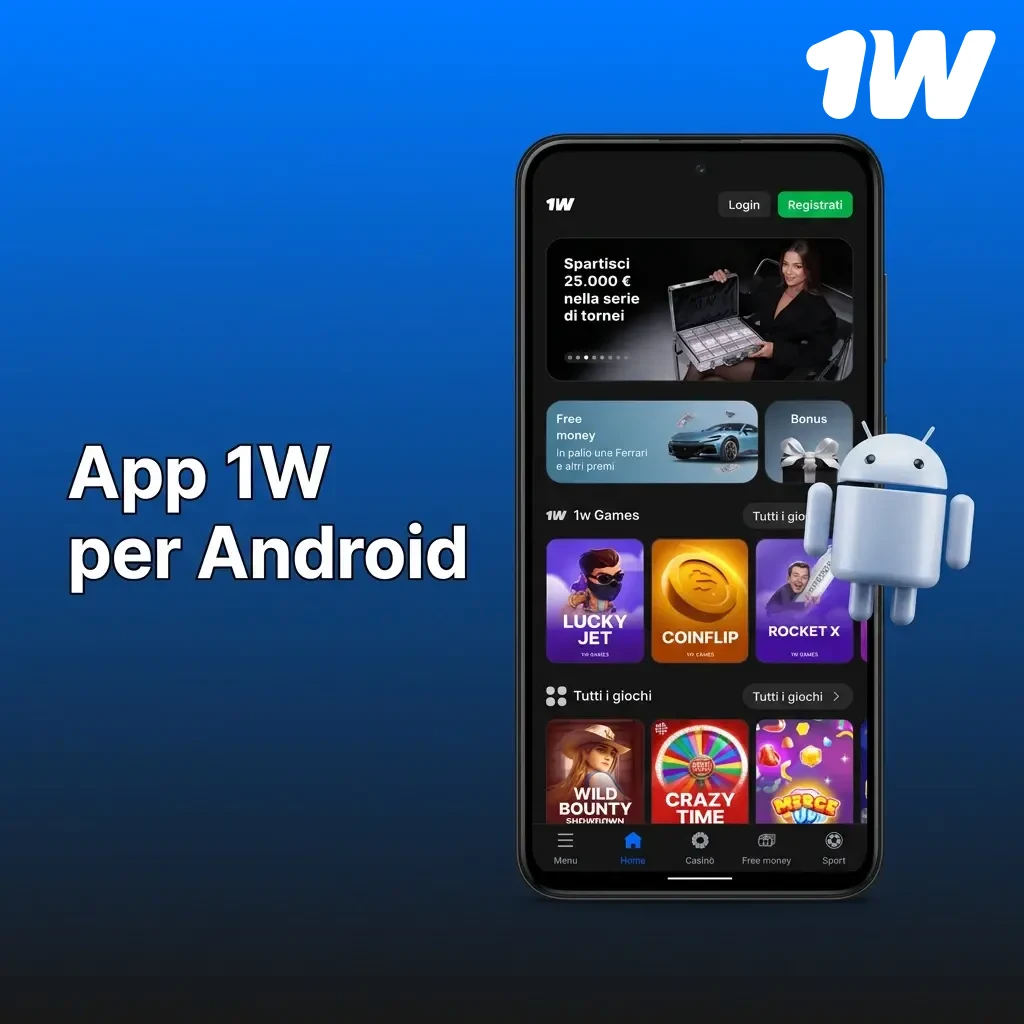 App 1w per Android: scarica il file APK, abilita sorgenti sconosciute e installa su dispositivi Android 5.0+.