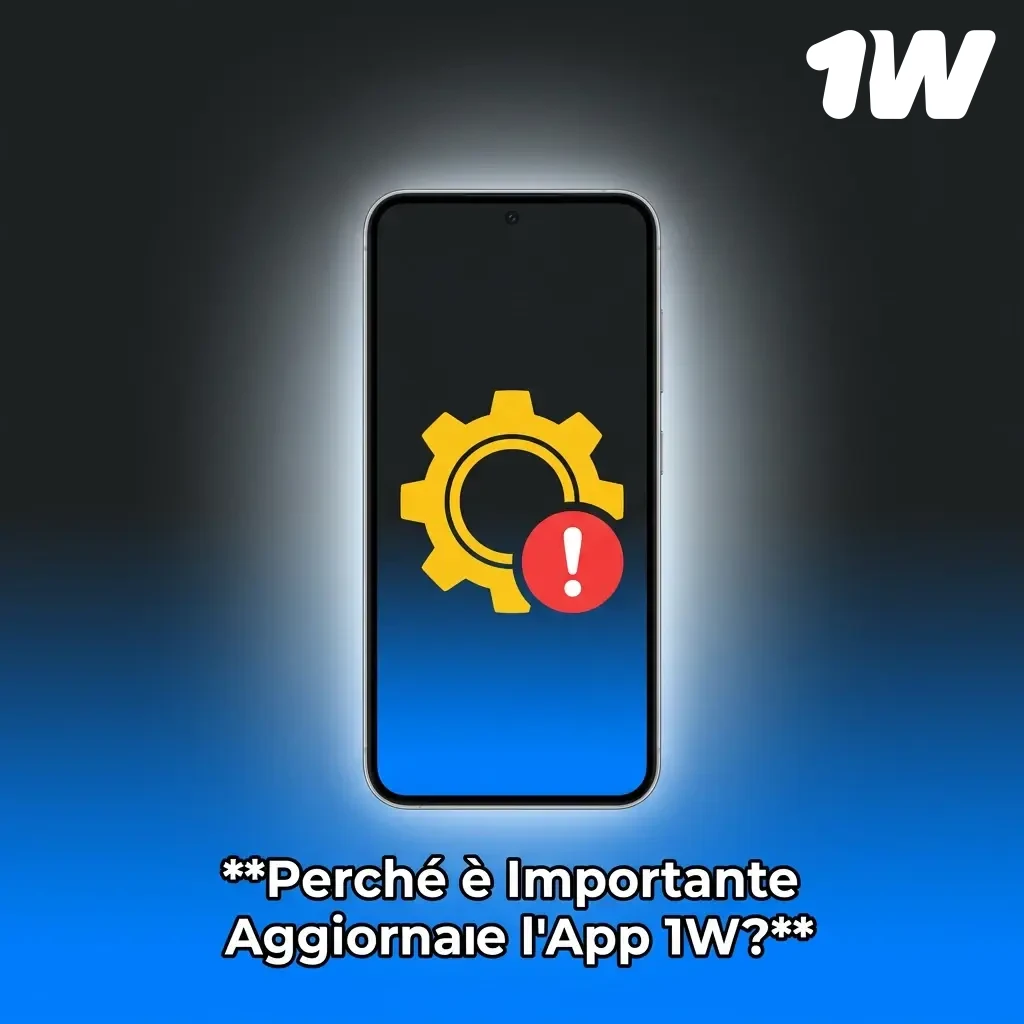 Smartphone showing app update notification for 1w betting app with security and performance highlights