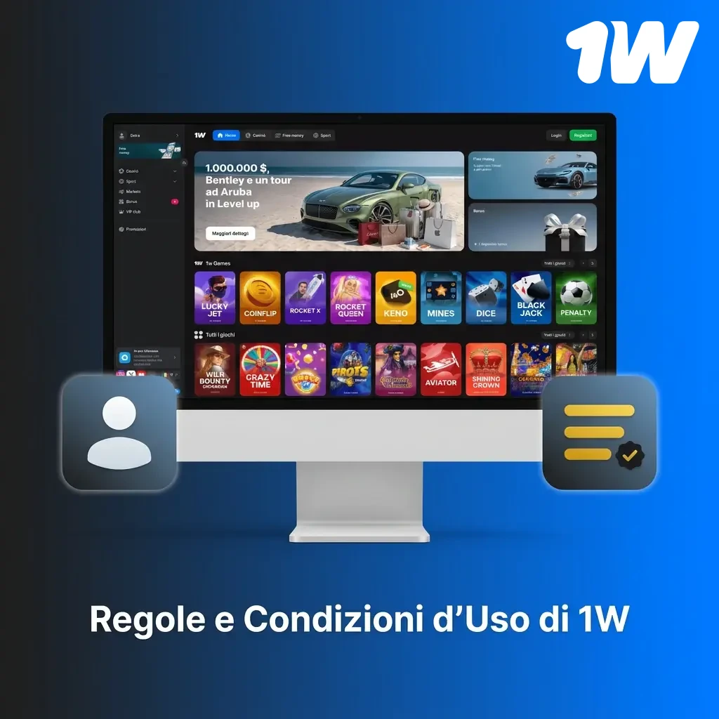 Regole e condizioni d'uso di 1w: età minima, KYC, bonus e normative sul gioco online.