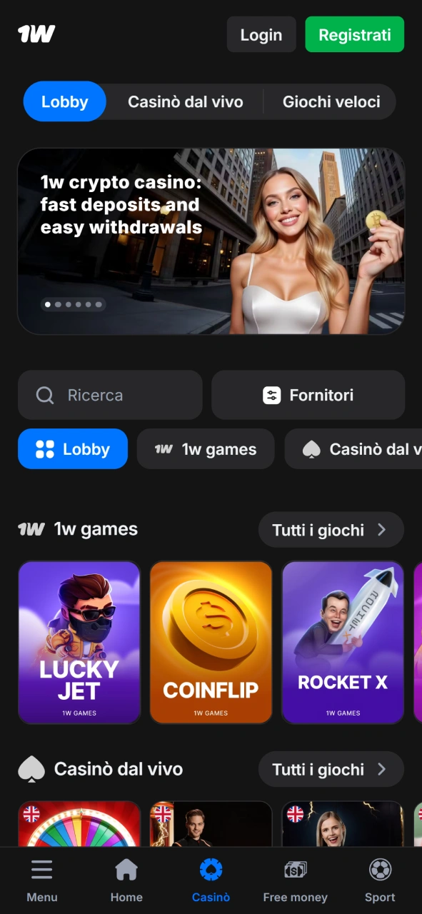 Esplora la vasta gamma di giochi nella sezione casinò dell'applicazione mobile 1w.