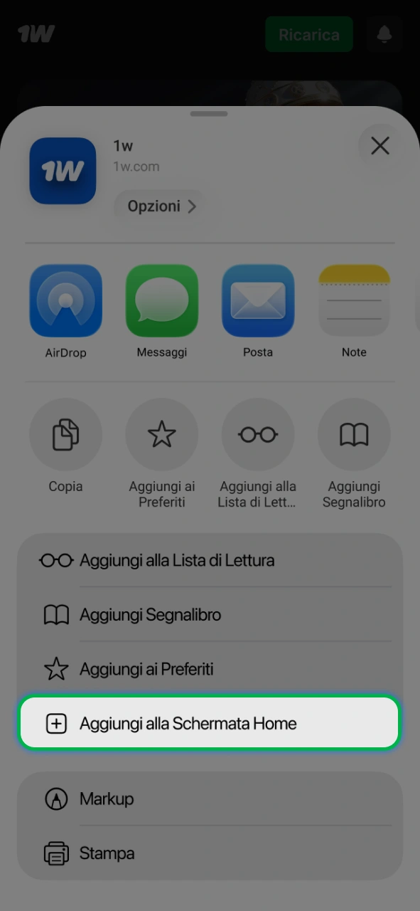 Aggiungi il collegamento rapido di 1w alla tua schermata home su iOS per un accesso immediato.