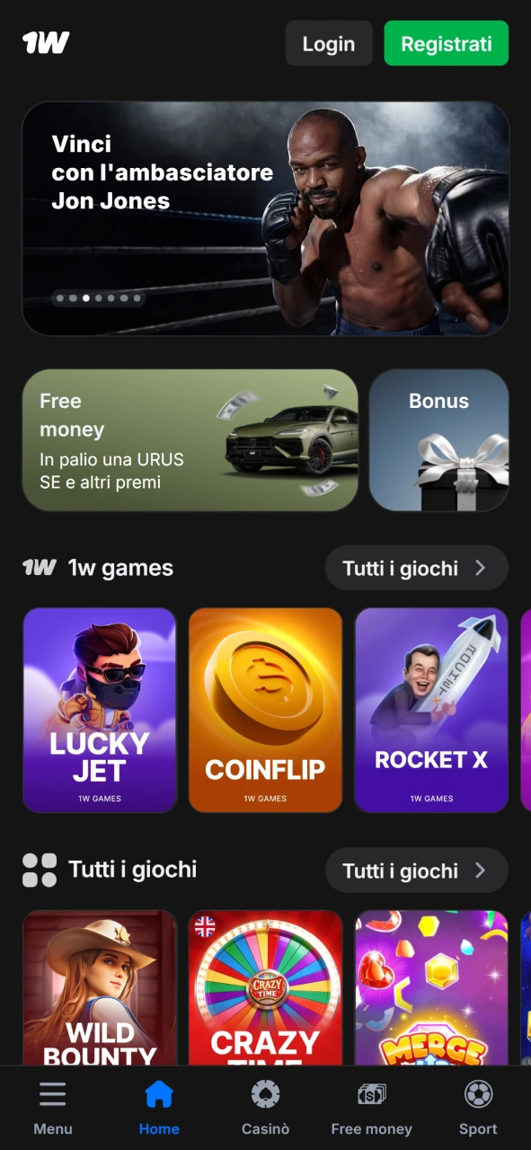 Guarda la schermata principale dell'applicazione mobile di 1w per scoprire tutte le funzioni.