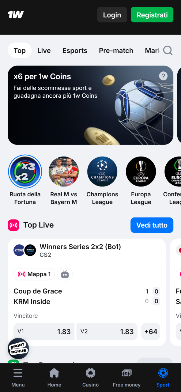 Accedi a tutte le scommesse sportive e alle quote live tramite l'app di 1w.