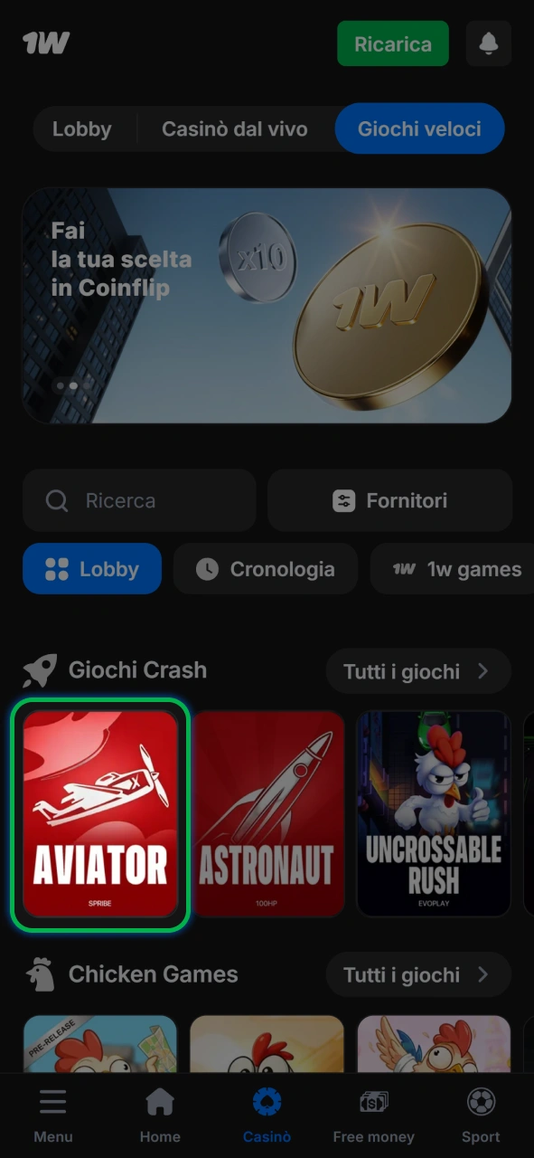 Sfoglia il catalogo dei giochi e trova il celebre Aviator sulla piattaforma 1w.