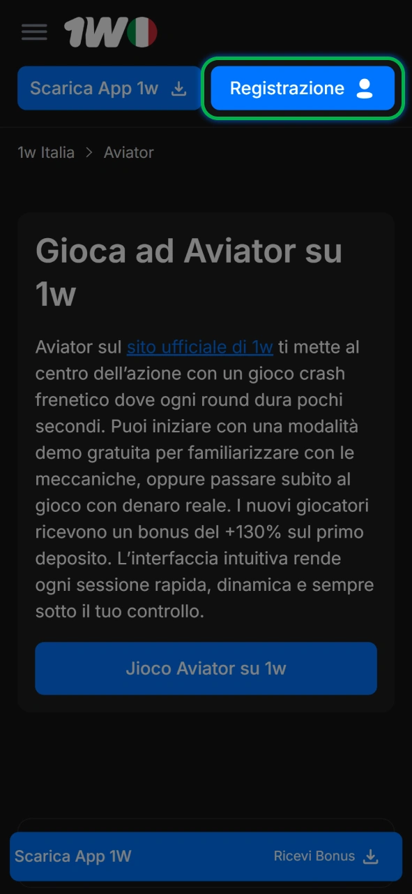 Crea il tuo account personale su 1w per iniziare a giocare subito ad Aviator.