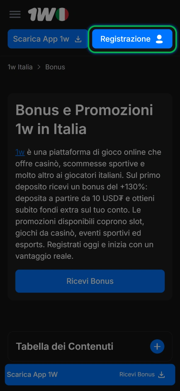 Ottieni un bonus immediato subito dopo aver completato la registrazione su 1w.