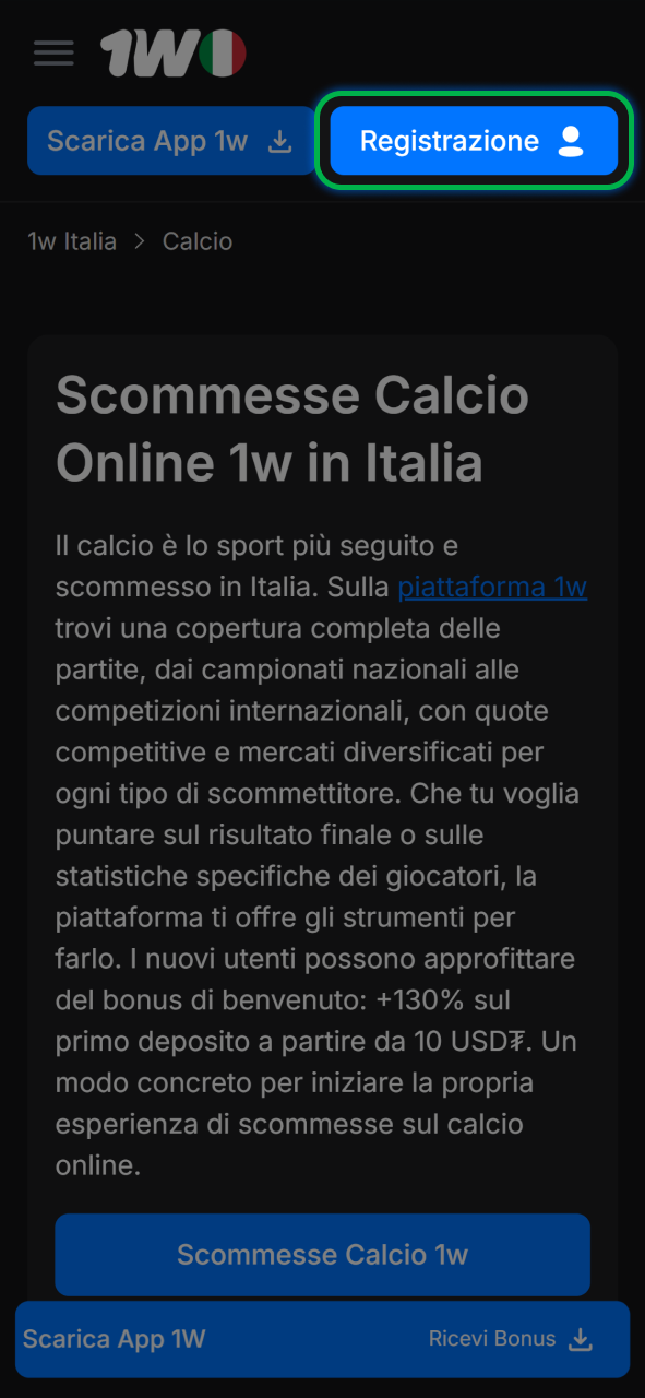 Crea il tuo account per scommettere sui principali campionati di calcio su 1w.