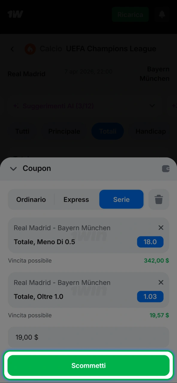Scegli il mercato di scommesse calcistiche più profittevole tra quelli disponibili su 1w.