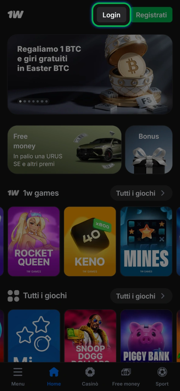 Clicca sul tasto di login per entrare nel tuo account personale e iniziare a vincere su 1w.