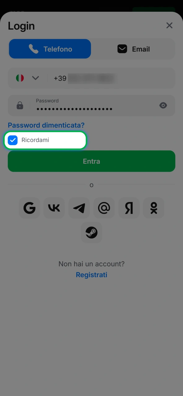 Seleziona l'opzione ricordami per un accesso più rapido e sicuro alla piattaforma 1w.