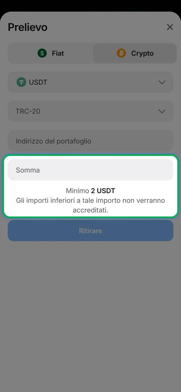 Inserisci la cifra esatta che vuoi prelevare dal tuo saldo disponibile su 1w.