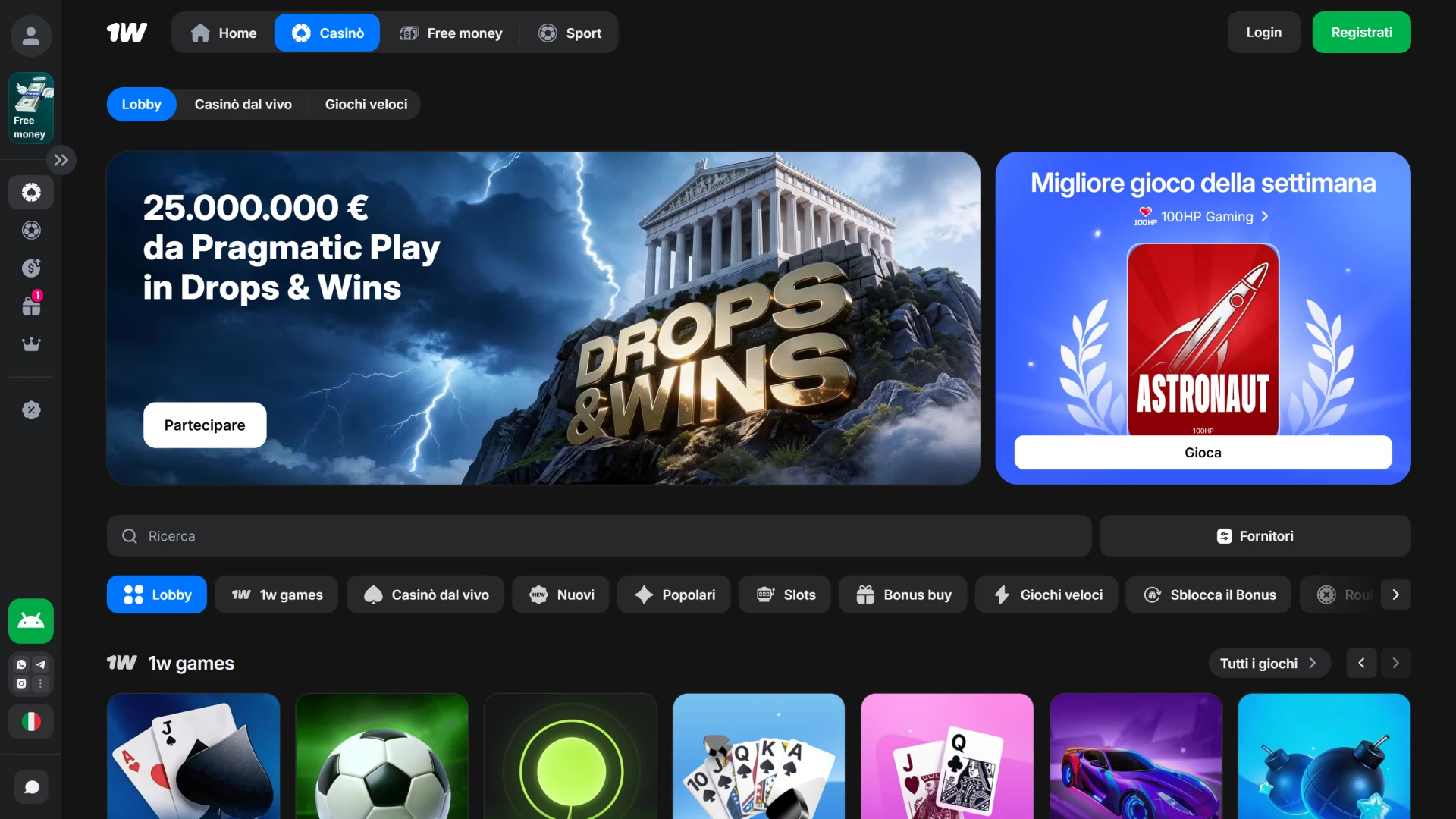 Accedi alla vasta selezione di giochi dalla schermata principale del casinò 1w.