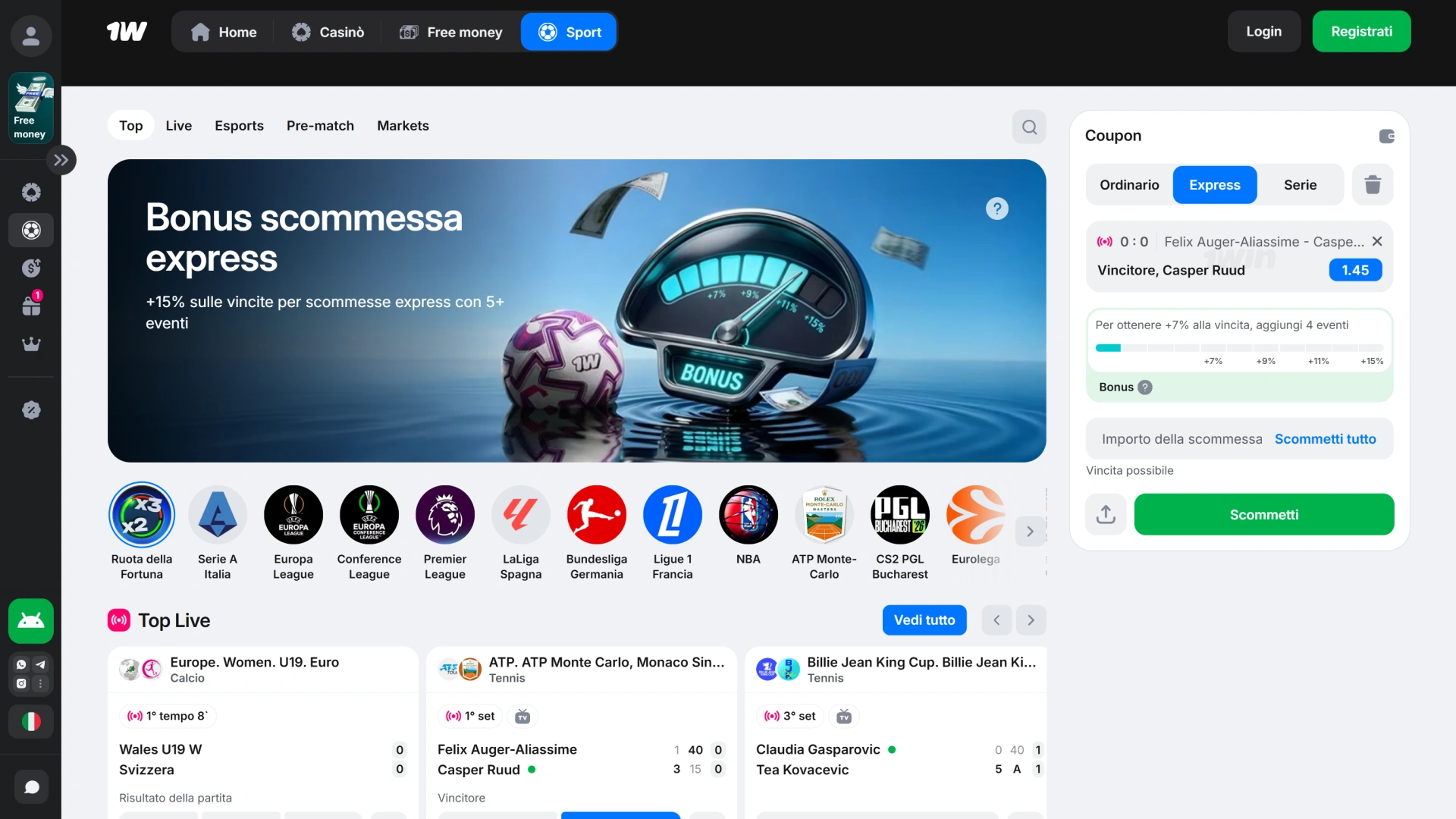 Scopri le migliori quote sportive sulla schermata principale di 1w.
