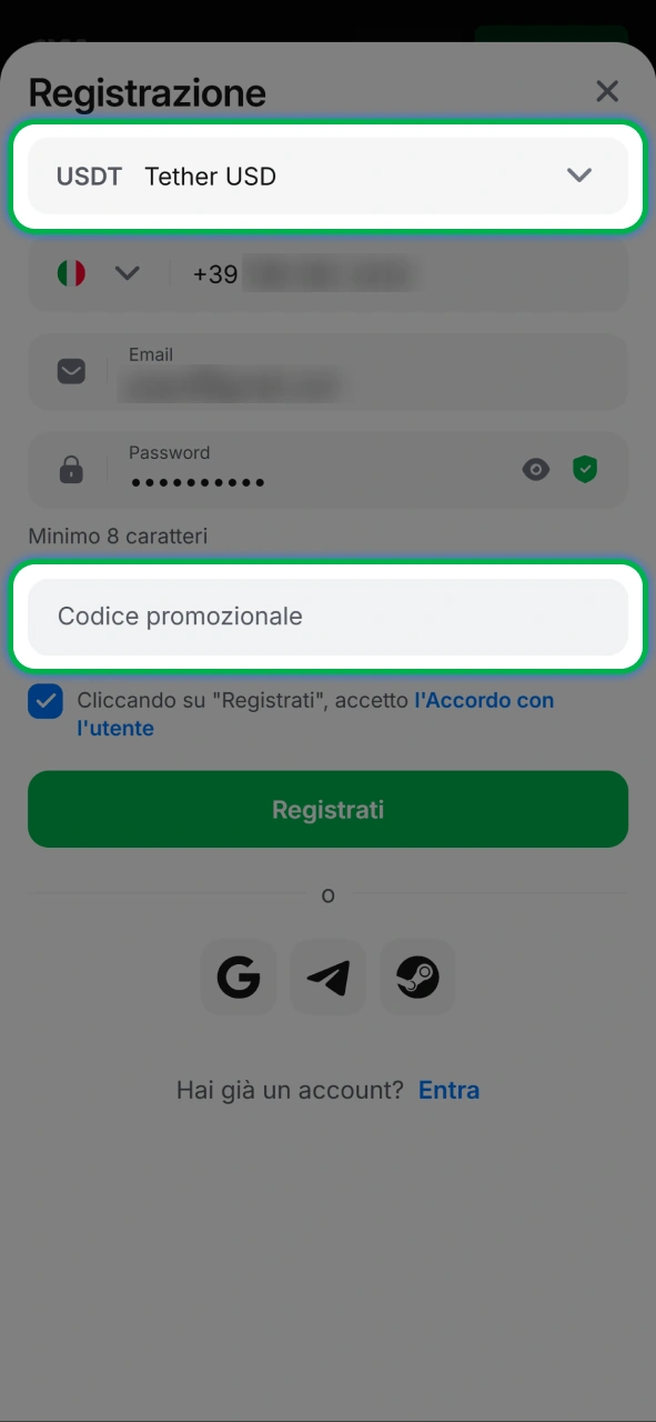 Usa un codice promozionale esclusivo durante la tua prima registrazione su 1w.