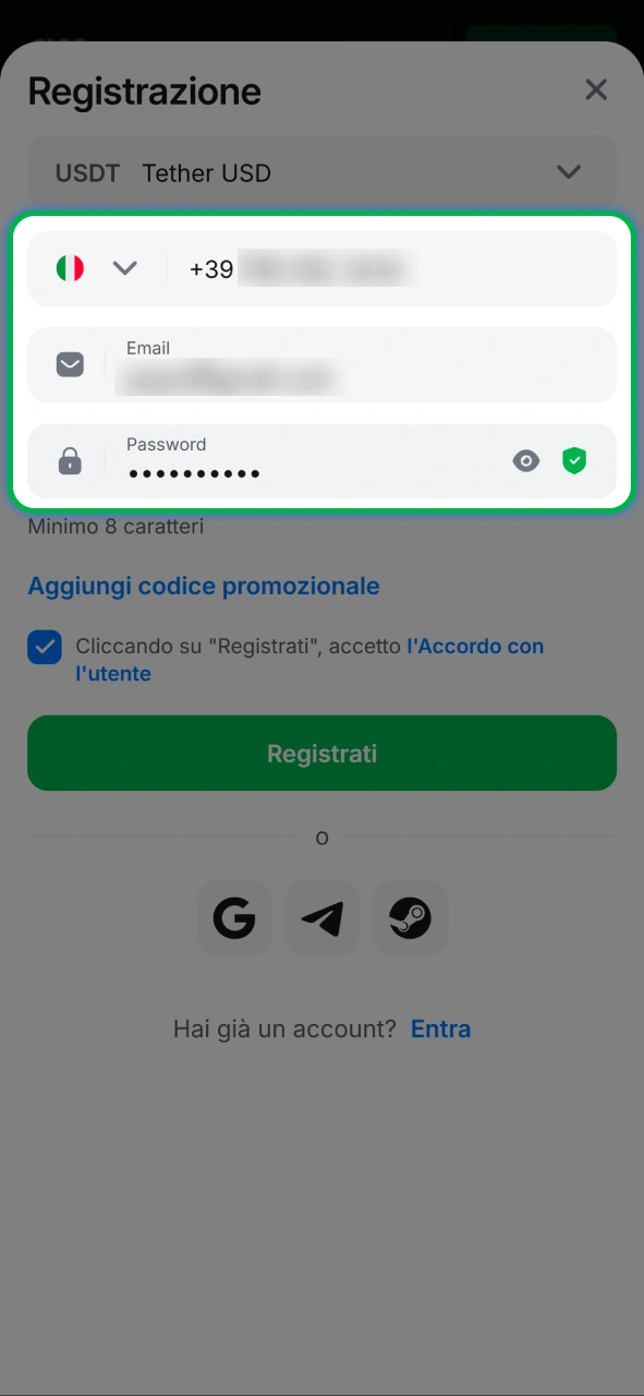 Inserisci con cura i dati richiesti per finalizzare correttamente l'iscrizione a 1w.
