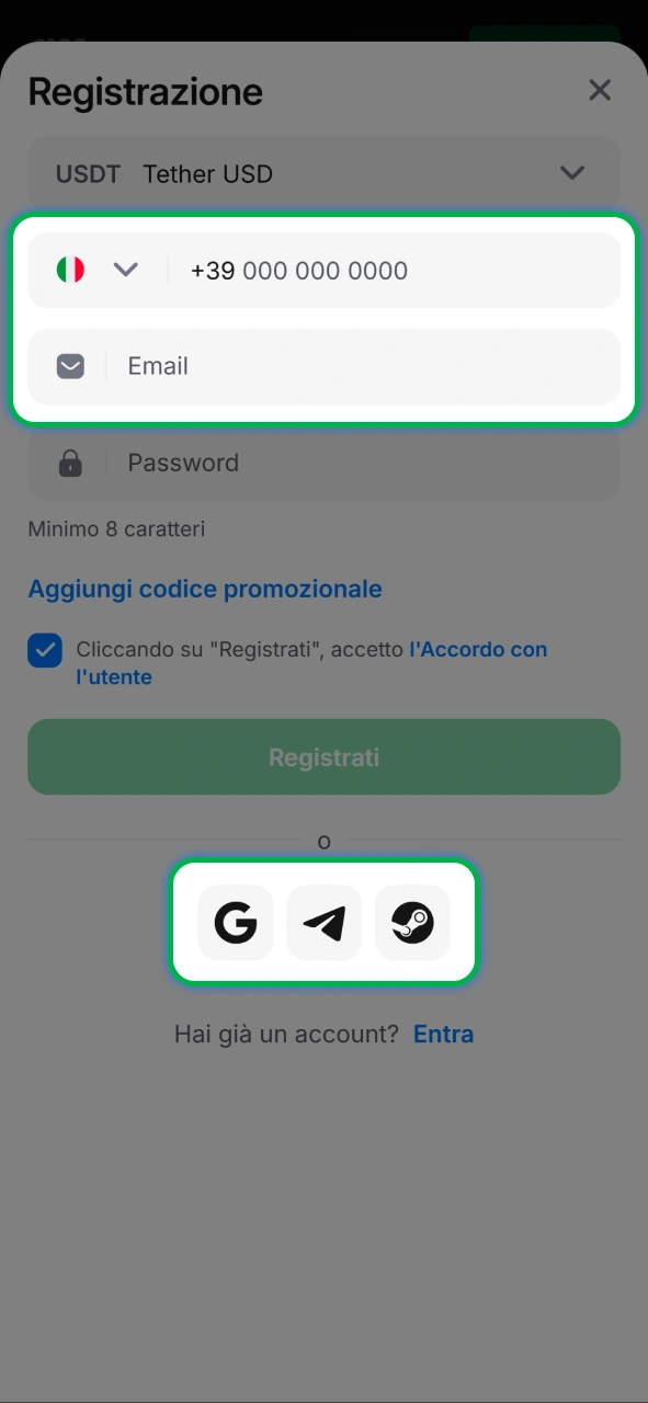 Scegli il metodo di registrazione più rapido tra quelli proposti dalla piattaforma 1w.