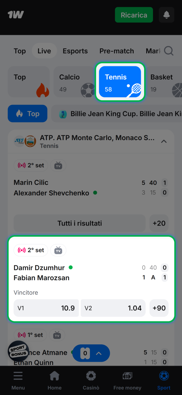 Accedi alla sezione tennis di 1w per scommettere sui tornei del Grande Slam e ATP.