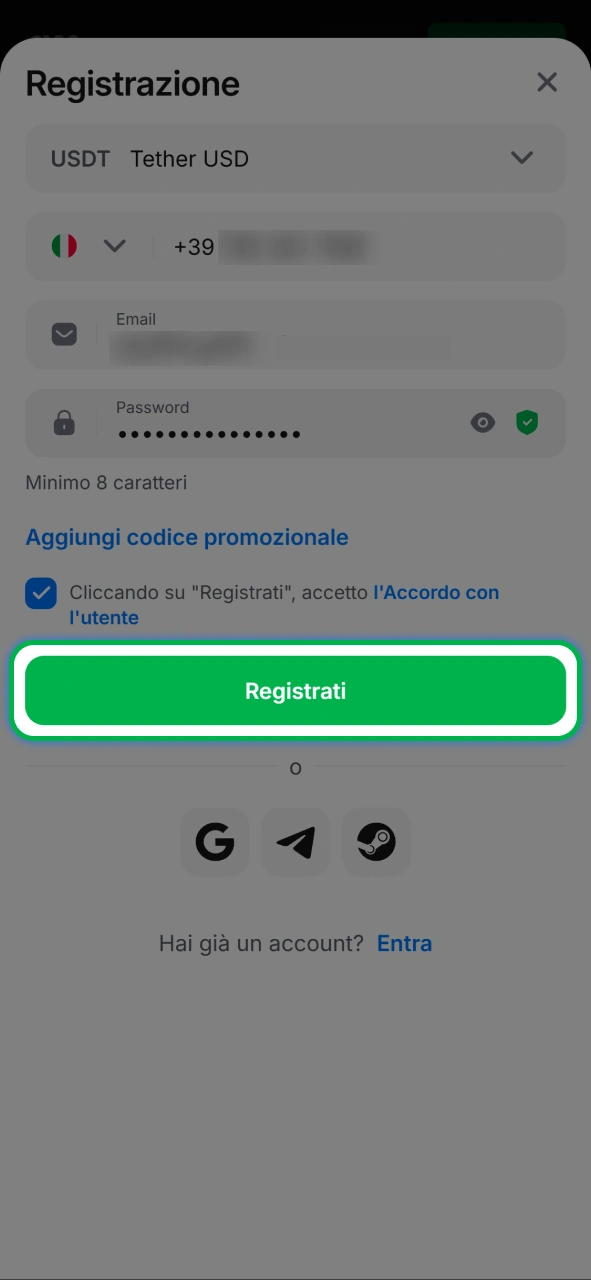 Crea un account per scommettere sulle partite di tennis più attese su 1w.