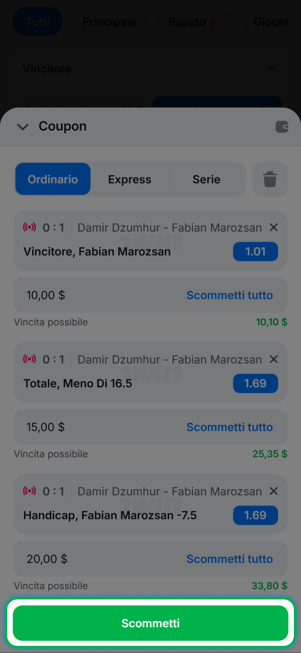 Inserisci la tua giocata selezionata nel biglietto scommesse tennis di 1w.