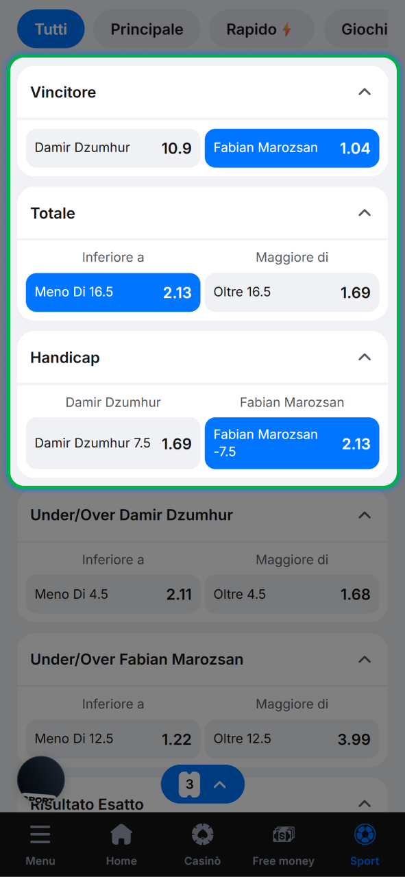 Scegli il mercato di scommessa sul tennis che offre le quote migliori su 1w.