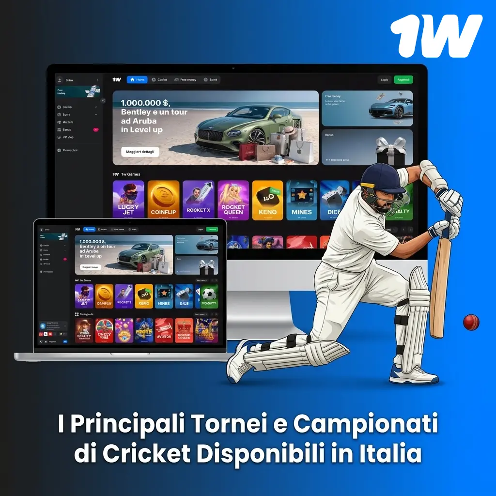 Principali tornei di cricket internazionali disponibili su 1W per scommesse sportive in Italia
