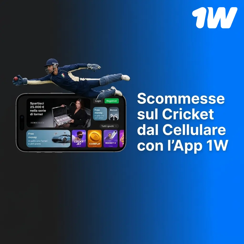 App mobile 1W per scommesse sul cricket su Android e iOS con quote live aggiornate e notifiche push